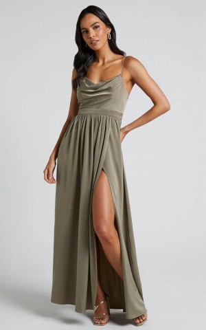 Showpo Gemalyn Maxi Dress - Cowl Neck Thigh Split Dress Olive | MNERLQ765