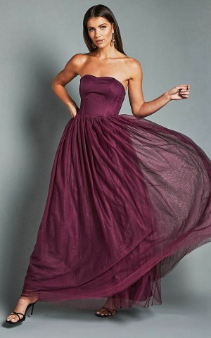 Showpo Gemma Maxi Dress - Strapless Sweetheart Tulle Fit & Flare Aubergine | YIROZJ578