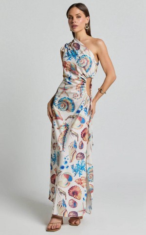 Showpo Gemma Midi Dress - One Shoulder Side Cut Out Side Slit Dress Holiday Print | NYQGZM358