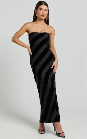 Showpo Genevieve Midi Dress - Strapless Stripe Burnout Dress Black Stripe | KTFGOS817