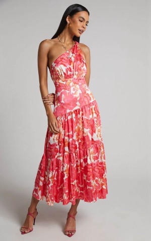 Showpo Georgine Midi Dress - One Shoulder Ruched Tiered Dress Peony Blossom | EDQYTM874