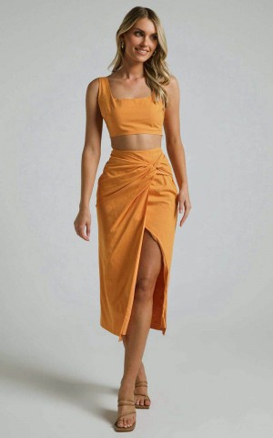 Showpo Gibson Two Piece Set - Linen Look Crop Top And Knot Front Midi Skirt Set Orange | GMFUSP071