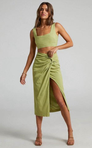 Showpo Gibson Two Piece Set - Linen Look Crop Top And Knot Front Midi Skirt Set Celery | JGKZHD031