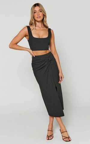 Showpo Gibson Two Piece Set - Linen Look Crop Top And Knot Front Midi Skirt Set Black | WCHBQI692