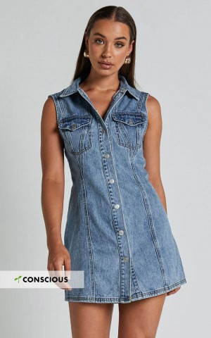 Showpo Gigie Mini Dress - Button Front Collared Denim Mid Blue Wash | UZFRBI210