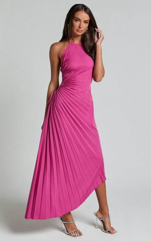 Showpo Gilly Midi Dress - Asymmetric Pleated Dress Berry | AKGHML762