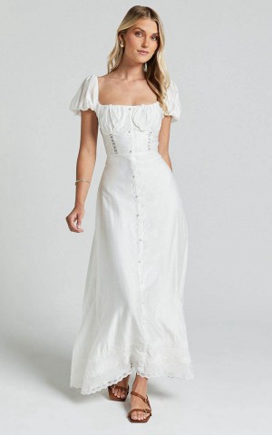 Showpo Giselle Midi Dress - Puff Sleeve Corset Flare Dress White | MYZCFH845