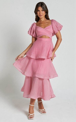 Showpo Giselle Midi Dress - Short Puff Sleeve Front Cut Out Layered Dress Pink | JVWBON470