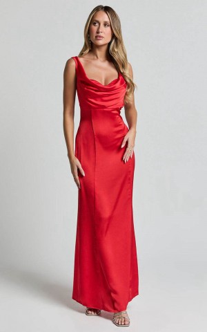 Showpo Grace Maxi Dress - Cowl Neck Satin Slip Dress Coral Red | AEUXMO047