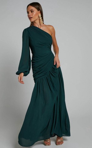 Showpo Grittah Midi Dress - One Shoulder Bishop Sleeve High Split Ruched Dress Emerald | CRXVAW057