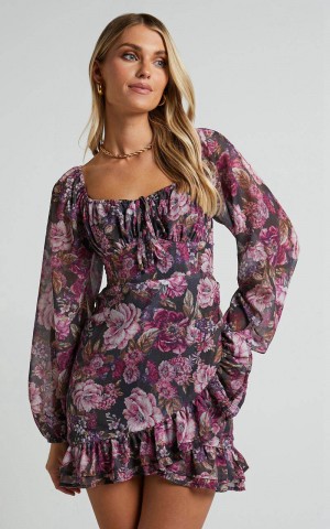 Showpo Grizela Mini Dress - Gathered Bust Long Sleeve Dres Harvest Floral | AOULDI975