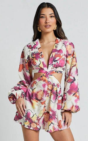 Showpo Gwyneth Playsuit - Long Sleeve Cut Out Playsuit Dahlia Dusk Floral | RCKJSW267