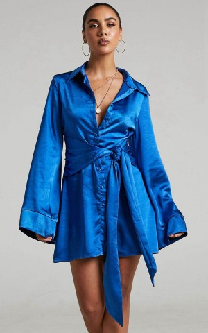 Showpo Hadid Mini Dress - Button Down Waist Tie Shirt Dress Electric Blue | IPANSW945