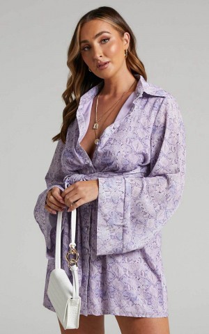 Showpo Hadid Mini Dress - Button Down Waist Tie Shirt Dress Lilac Snake Print | AEIPKF029