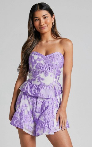 Showpo Hailey Top - Jacquard Strapless Peplum Top Lilac Jacquard | OBPXIE125