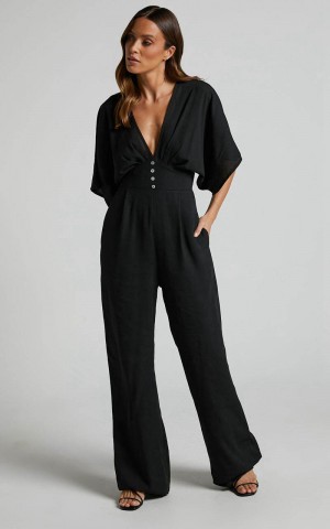 Showpo Hanlou Jumpsuit - Flutter Sleeve V-Neck Button Front Wide Leg Jumpsuit Black | JCHILO297