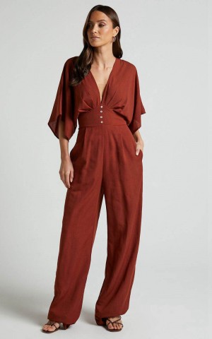 Showpo Hanlou Jumpsuit - Flutter Sleeve V-Neck Button Front Wide Leg Jumpsuit Rust | XEOWGV023