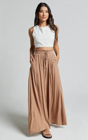 Showpo Hany Pants - High Waist Drawstring Wide Leg Pants Latte | IYBLTE836