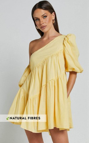 Showpo Harleen Mini Dress - Linen Look Asymmetrical Trim Puff Sleeve Dress Lemon | YSVXMA396