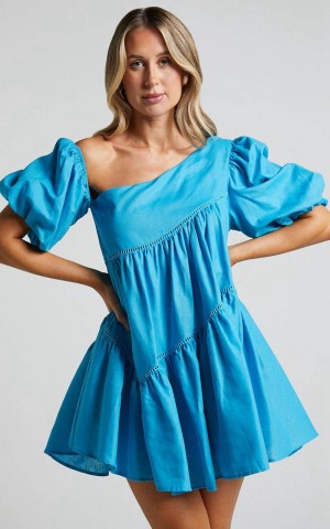 Showpo Harleen Mini Dress - Linen Look Asymmetrical Trim Puff Sleeve Dress Blue | ZMTNBY281