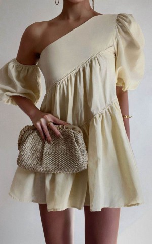 Showpo Harleen Mini Dress - Linen Look Asymmetrical Trim Puff Sleeve Dress Beige | SEZWQN498