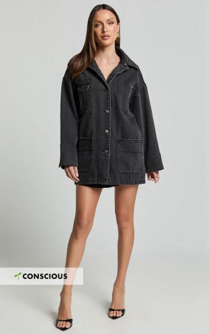 Showpo Harlow Jacket - Oversized Long Sleeve Denim Jacket Black Wash | MTOZCV243