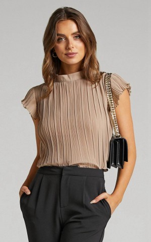 Showpo Harlow Top - High Neck Pleated Workwear Top Beige | VDPHGF586