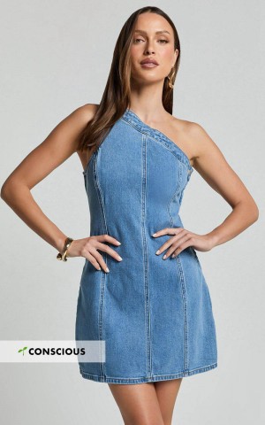 Showpo Harmony Mini Dress - One Shoulder Bodycon Recycled Denim Dress Mid Blue Wash | HDGBXU892