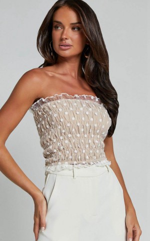 Showpo Harper Top - Frill Shirred Bandeau Crop Top White Nude | DCJTBE496