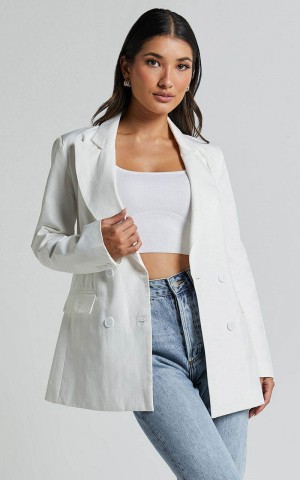 Showpo Harriet Blazer- Linen Look Double Breasted Oversized Blazer White | QBWCZE643