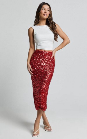 Showpo Hasley Midi Skirt - Sequin Bodycon Skirt Red | UIMJDN136