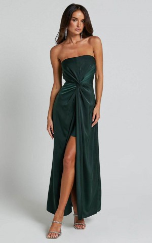 Showpo Hathaway Maxi Dress - Strapless Straight Neck Twist Front Split Emerald | PUMZWB360