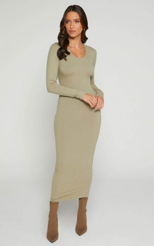 Showpo Hawkins Midi Dress - Long Sleeve Bodycon Dress Light Moss | DFBAVI514