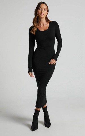 Showpo Hawkins Midi Dress - Long Sleeve Bodycon Dress Black | QUPOXY462