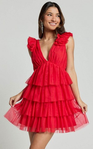 Showpo Hayden Mini Dress - Low Back Tulle Tiered Dress Red | ZICBSM850