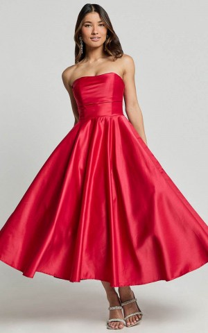 Showpo Helaina Midi Dress - Strapless A-Line Satin Dress Red | XFMZAL198