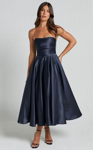 Showpo Helaina Midi Dress - Strapless A-Line Satin Dress Navy | UXVSDW832