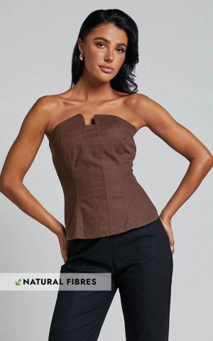 Showpo Herrera Top - Linen Look Strapless Panel Seam Corset Top Chocolate | TANULK517