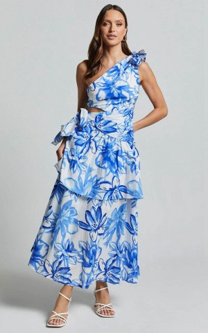 Showpo Honolulu Midi Dress - One Shoulder Tiered Dress Blue And White Print | OTUCDG901