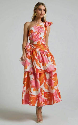 Showpo Honolulu Midi Dress - One Shoulder Tiered Dress Orange Floral | IFNDGO254