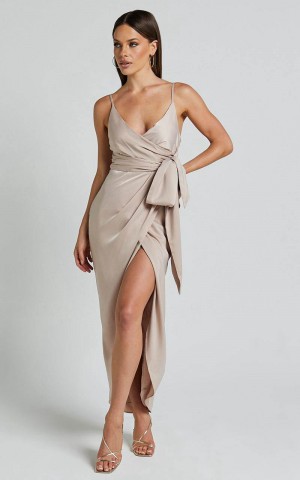 Showpo How Will I Know Midi Dress - Wrap Waist Tie Tulip Hem Dress Champagne | NXPWMB685