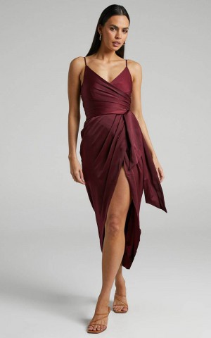 Showpo How Will I Know Midi Dress - Wrap Waist Tie Tulip Hem Dress Wine | UZTFWK365