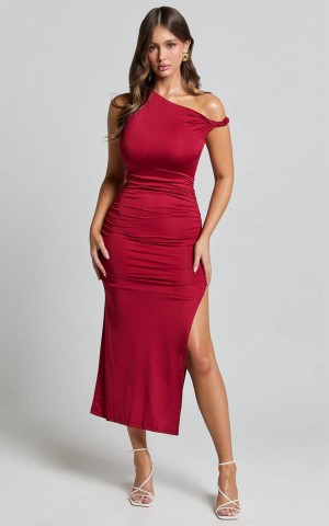 Showpo Hyde Midi Dress - Asymmetrical Twist Strap Off The Shoulder Dress Berry | NFABKW340