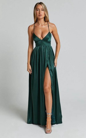 Showpo I Want The World To Know Midi Dress - Thigh Split Tie Back Dress Emerald | HLGABY940