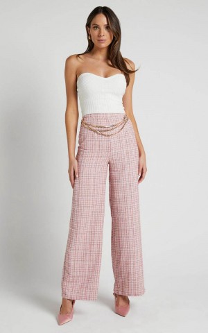 Showpo Icie Pants - High Waisted Tweed Wide Leg Pants Pink Tweed | JRBSNM861