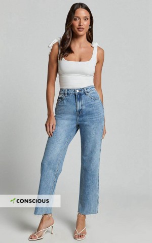 Showpo Imelda Jeans - Mid Waist Frayed Hem Recycled Denim Crop Straight Leg Jeans Mid Blue Wash | MUYHZA721