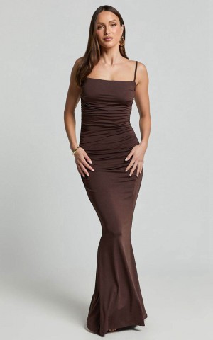 Showpo Imogen Maxi Dress - Strappy Ruched Slip Dress Chocolate | YBCGRS829