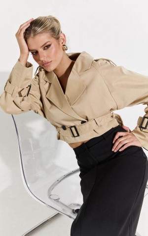 Showpo Indiana Trench Coat - Double Breasted Tie Waist Cropped Coat Beige | GROPHA173