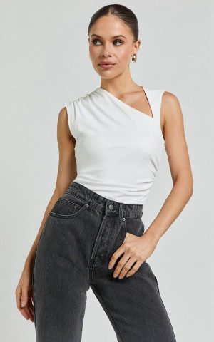 Showpo Inessa Top - Sleeveless Asymmetrical Neck Top Off White | UHKWMC590