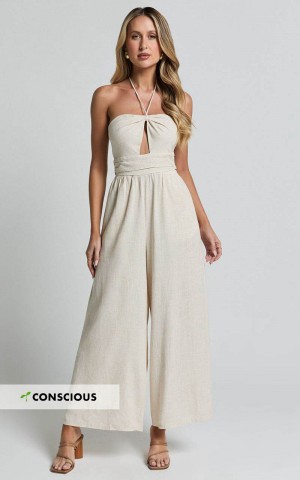 Showpo Isla Jumpsuit - Linen Look Halter Neck Jumpsuit Beige | XKVIHQ862